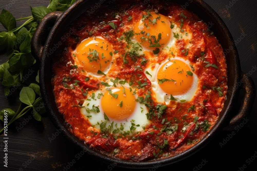 three eggs on top of tomato sauce in a skillet with parsley on top of the skillet and a sprig of parsley on the side. three eggs on top of tomato sauce in a skillet with parsley on top of the skillet and a sprig of parsley on the side.