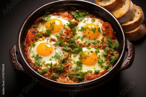  a casserole with eggs, tomatoes, and parsley in a pan next to slices of bread on a black surface with a slice of bread on the side.