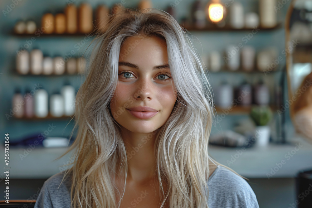 a beautiful blonde model woman in the hairdresser salon gets a new haircut, dyes her hair and style it. sitting on the chair and talks to the hairstylist. a beautiful blonde model woman in the hairdresser salon gets a new haircut, dyes her hair and style it. sitting on the chair and talks to the hairstylist.
