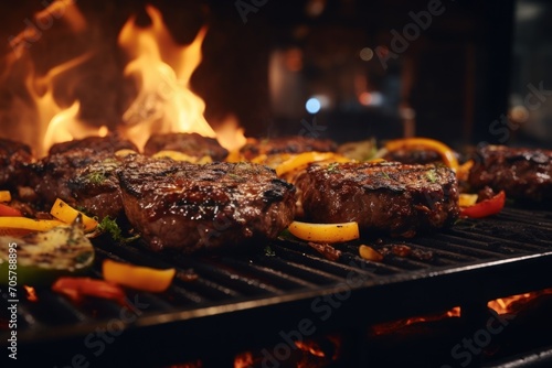  a close up of a grill with meat and veggies on it with flames coming out of the top of the grill and on the side of the grill.