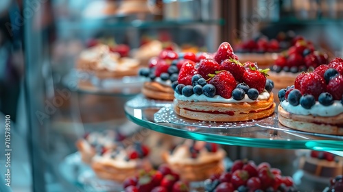 Berries inside sweet pastry display cabinet in confectionery store, close shot, delicious, Generative AI.