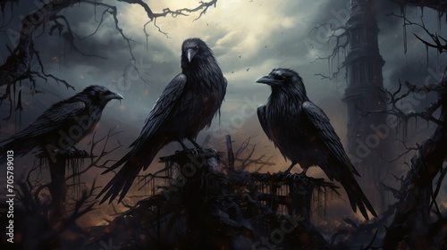 Three magic black ravens sit on ruins of old gloomy Gothic castle in the night.