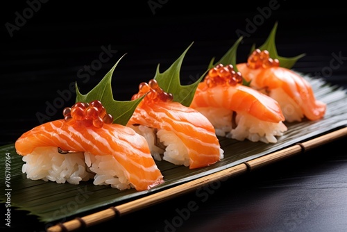  a close up of sushi on a plate on a table with chopsticks and chopsticks in front of the sushi on the side of the plate.