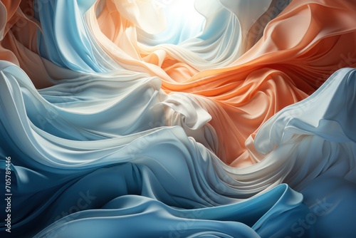  a painting of a flowing fabric with a bright light coming from the center of the image in the center of the image is an orange, white, blue, orange, and blue, and white background.