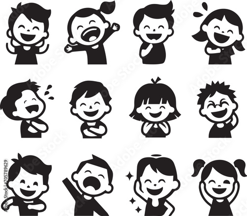 Set of silhouettes kids baby children editable vector icon in various poses