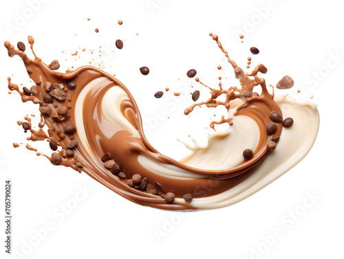 Chocolate splash, cocoa and coffee milk wave swirl with crushed peanuts, isolated on a transparent or white background