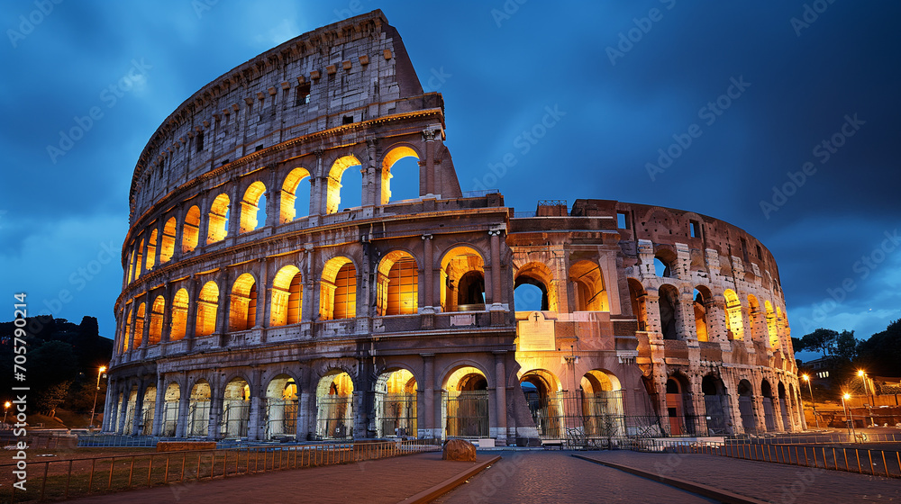 Marvel at the grandeur of Colosseum Rome under the captivating sky blue hour beautifully captured in this night photography masterpiece. Ai generated