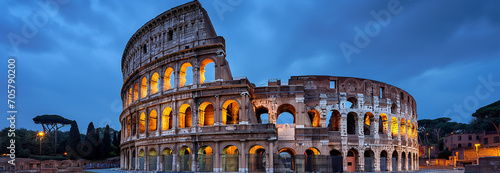 Marvel at the grandeur of Colosseum Rome under the captivating sky blue hour beautifully captured in this night photography masterpiece. Ai generated