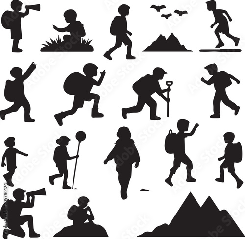 Set of silhouettes kids baby children editable vector icon in various poses