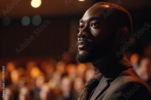 Portrait of an African American man standing in a crowd of listeners in a lecture hall and looking away © Sergio