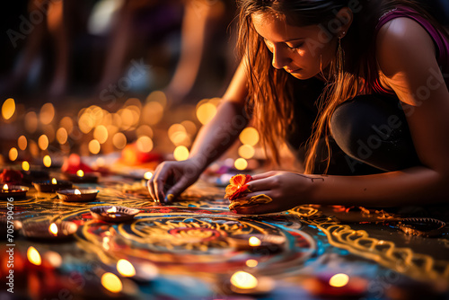 Serenity of Diwali girl lights glowing oil lamps, intricate floral mandala and enchanting bokeh create a serene backdrop for the vibrant celebration of the Diwali festival.