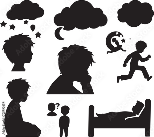 Set of silhouettes kids baby children editable vector icon in various poses