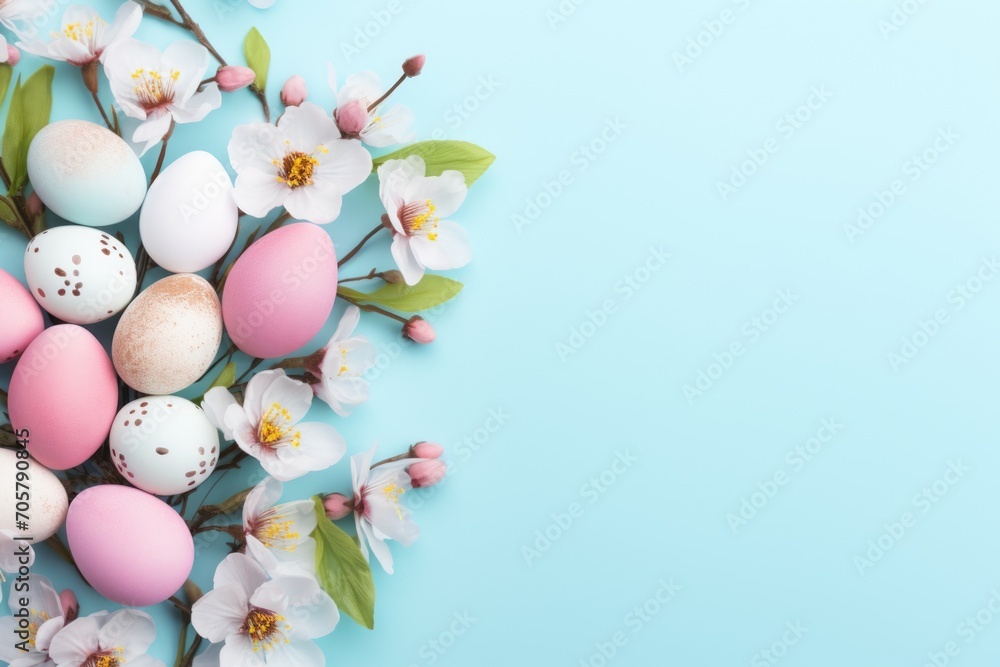 Colorful Easter eggs and blooming pink flowers on light blue background, copy space