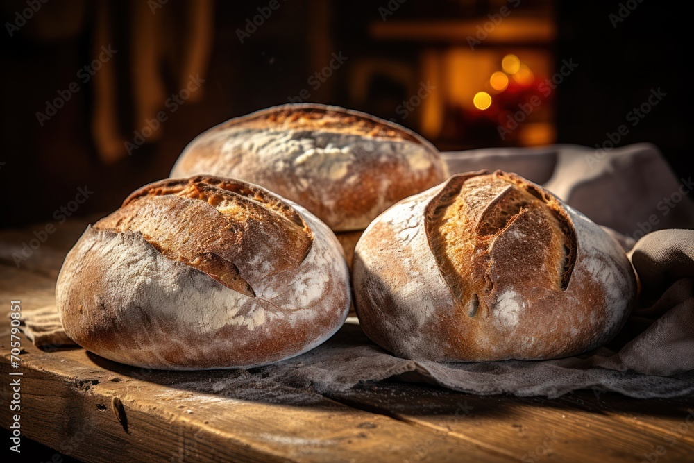  three loaves of bread sitting on top of a piece of paper on a wooden table in front of a fire place with a lit candle in the dark room in the background.