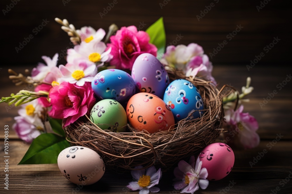 Nest with colorful Easter eggs and flowers on wooden background, copy space Nest with colorful Easter eggs and flowers on wooden background, copy space