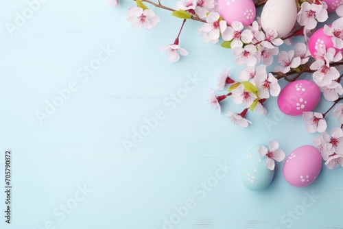 Colorful Easter eggs and blooming pink flowers on light blue background, copy space