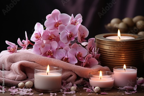  a couple of candles sitting on top of a wooden table next to a pile of rocks and a vase with pink orchids on top of a pink towel next to it.