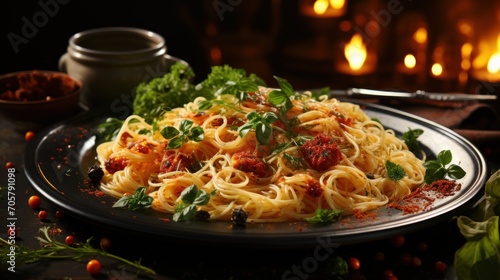  a plate of spaghetti with tomato sauce and parsley on a plate next to a bowl of pepperoni and parsley on a table with a candle in the background.