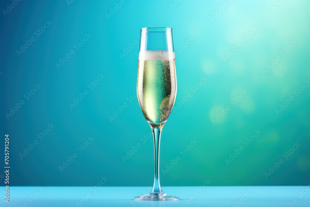  a close up of a wine glass with a liquid inside of it on a blue surface with a blurry background of a green and blue hued back ground.