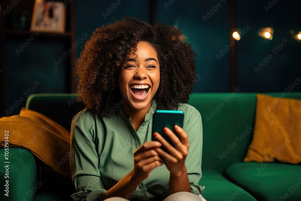 excited african american woman holding smartphone and looking at screen ...