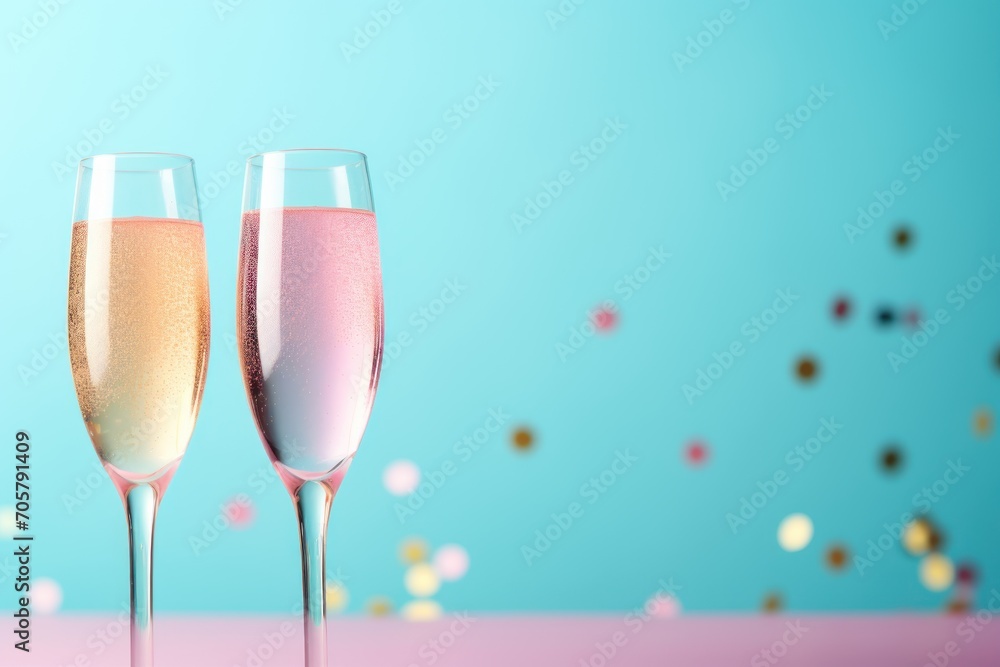 two champagne flutes sitting next to each other in front of a blue background with confetti and confetti sprinkles on the side of the glasses. two champagne flutes sitting next to each other in front of a blue background with confetti and confetti sprinkles on the side of the glasses.