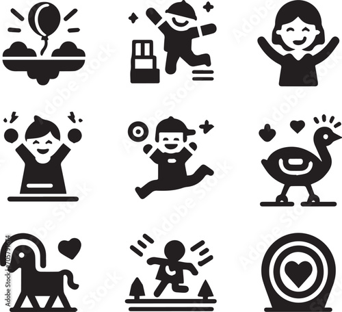 Set of silhouettes kids baby children editable vector icon in various poses