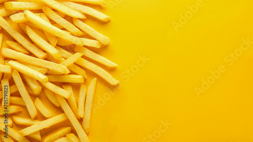 Scattered Golden French Fries on a Vibrant Yellow Background