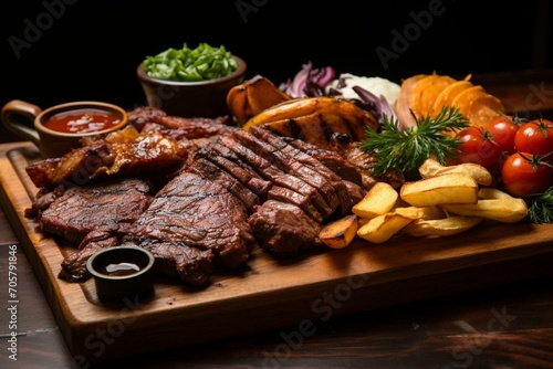 assorted grilled meats on wooden platter. Generative AI