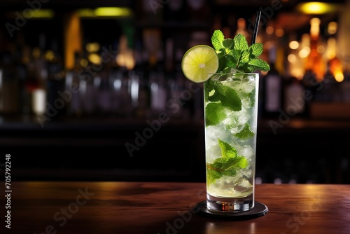 horizontal image of a mojito cocktail on a bar AI generated