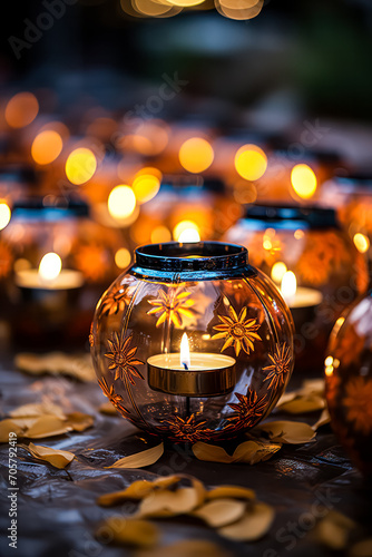 Diwali serenity illuminated lamps, floral mandala, and bokeh magic.