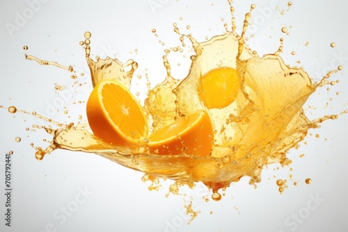  a splash of orange juice with a slice of orange in the middle of the splash, on a white background, with a white back ground and a white background.