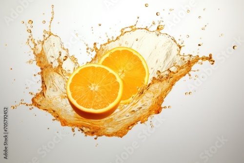  a splash of orange juice with two oranges on the other side of the orange and the other half of the orange on the other side of the orange slice.