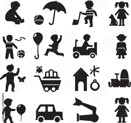 Set of silhouettes kids baby children editable vector icon in various poses
