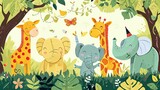 Joyful Safari Friends in a Whimsical Jungle: Playful Lion, Giraffe, Elephant, and Flora.