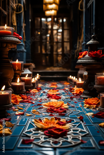 Diwali radiance vibrant oil lamps and floral mandala on a mesmerizing blurred bokeh background  creating a festive atmosphere of joy and celebration