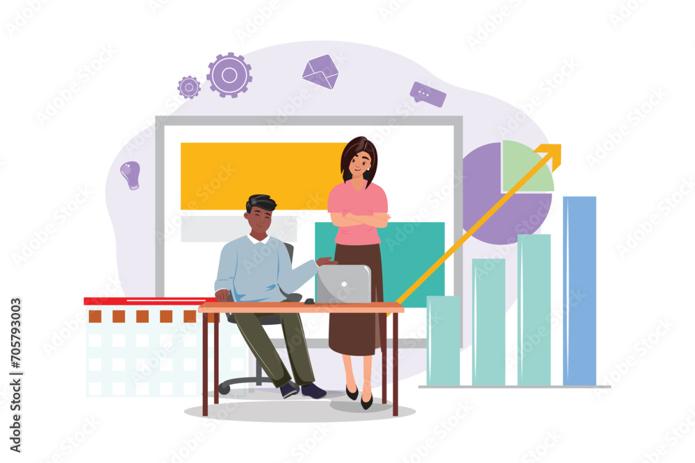 Black man and asian woman at the desk. Great design for web advertisement, web sites, mobile application..
