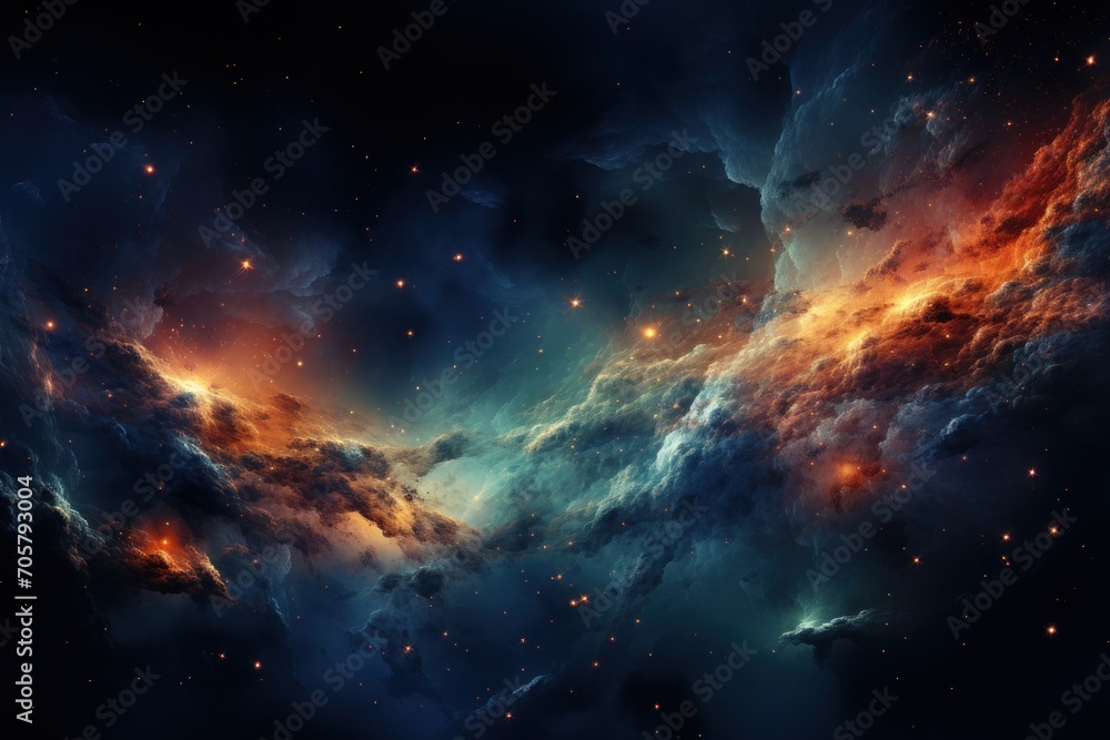  a space filled with lots of stars and a bright orange and blue cloud in the middle of the night sky with stars in the sky and in the middle of the middle of the clouds.