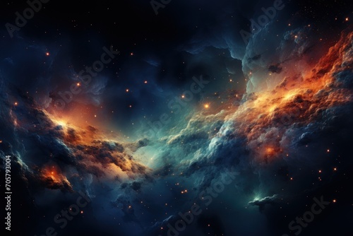  a space filled with lots of stars and a bright orange and blue cloud in the middle of the night sky with stars in the sky and in the middle of the middle of the clouds.
