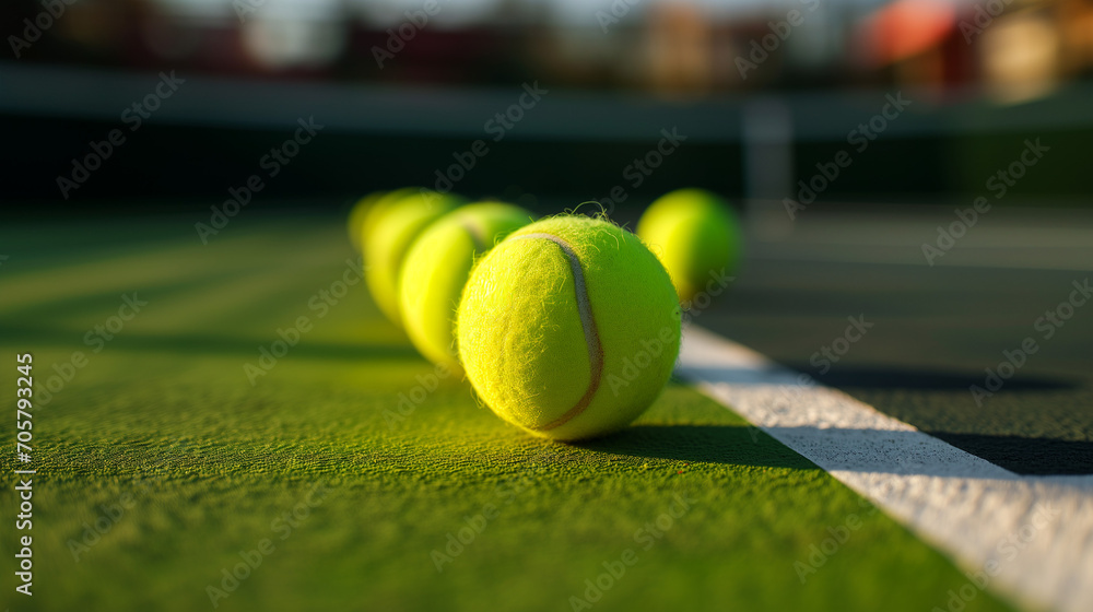 tennis ball on court, horizontal. sport ad, magazine, fitness. play tennis or tenis. tennis balls on tennis court