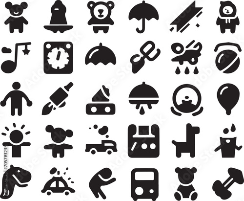 Set of silhouettes kids baby children editable vector icon in various poses