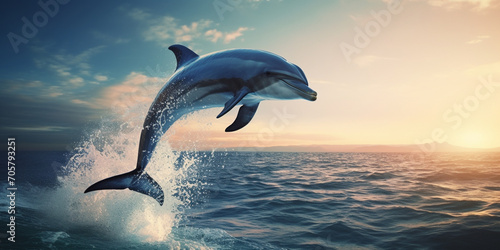 Dolphin jumping out of the water on a sunny day. Dolphin jumping out of the water with a splash. Animal in its natural habitat. The beauty of nature. Concept of freedom and beauty of wild animal. 