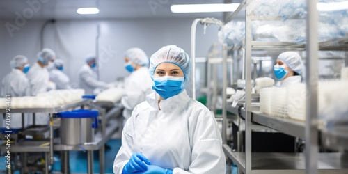 Woman in protective gear supervising quality in a large-scale food processing unit   concept of Food safety