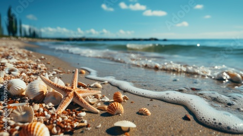  a starfish and shells on a beach with the ocean and sky in the backgrounge of the photo, with a wave coming in the foreground.