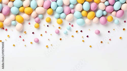Background for text, in a neutral color, in a composition with colored and hand-painted eggs. Space for text.