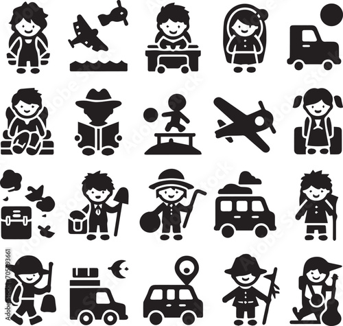 Set of silhouettes kids baby children editable vector icon in various poses