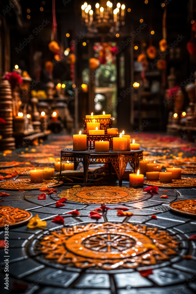 Diwali brilliance - vibrant oil lamps casting a warm glow, surrounded by a delicate floral mandala on a blurred bokeh background, symbolizing the festival's luminous essence.