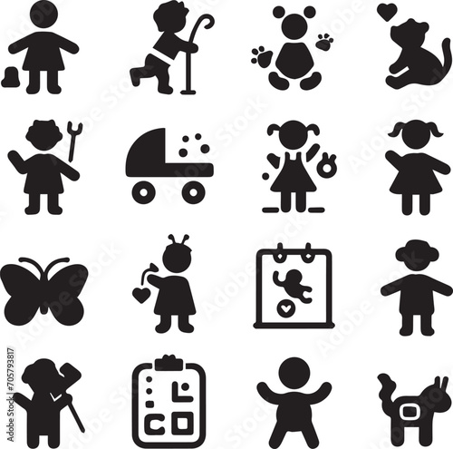 Set of silhouettes kids baby children editable vector icon in various poses
