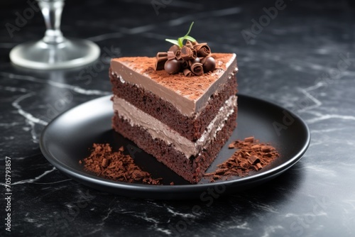  a piece of chocolate cake on a plate with chocolate shavings on top of it and a glass of wine next to it on a black marble countertop.