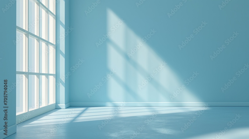 Fototapeta premium Empty room blue background for product presentation with shadow and light from windows.
