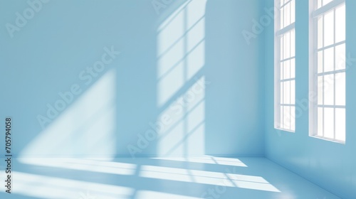 Empty room blue background for product presentation with shadow and light from windows.